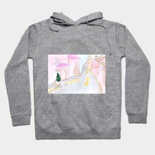 cityscape, city, landscape, background, street, road, architecture, house, houses, watercolor, hand-drawn, illustration, design Hoodie